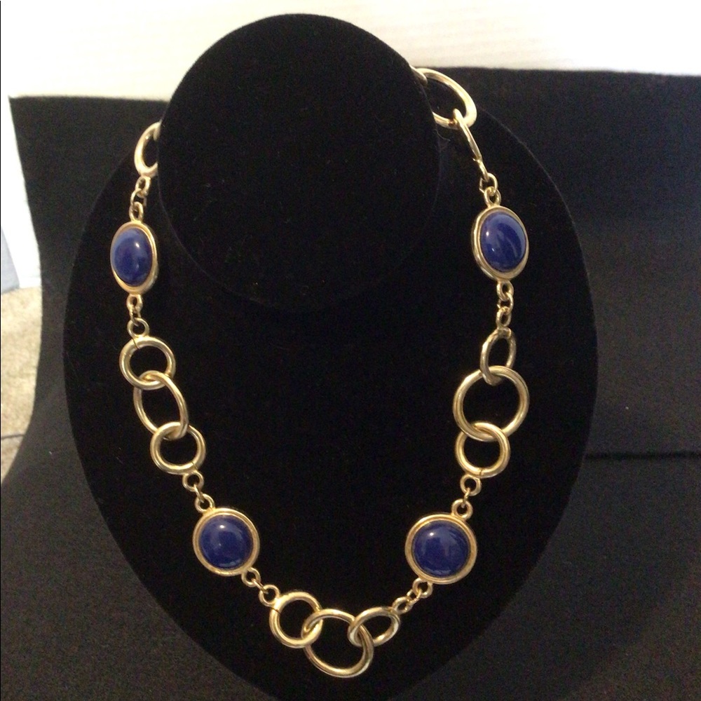 Gold Tone Circle Fashion Necklace w Blue Discs